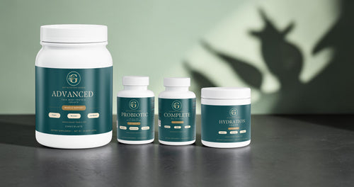 GLP Nutrition Source Daily Essentials system featuring protein, probiotic, multivitamin, and hydration powder bottles.