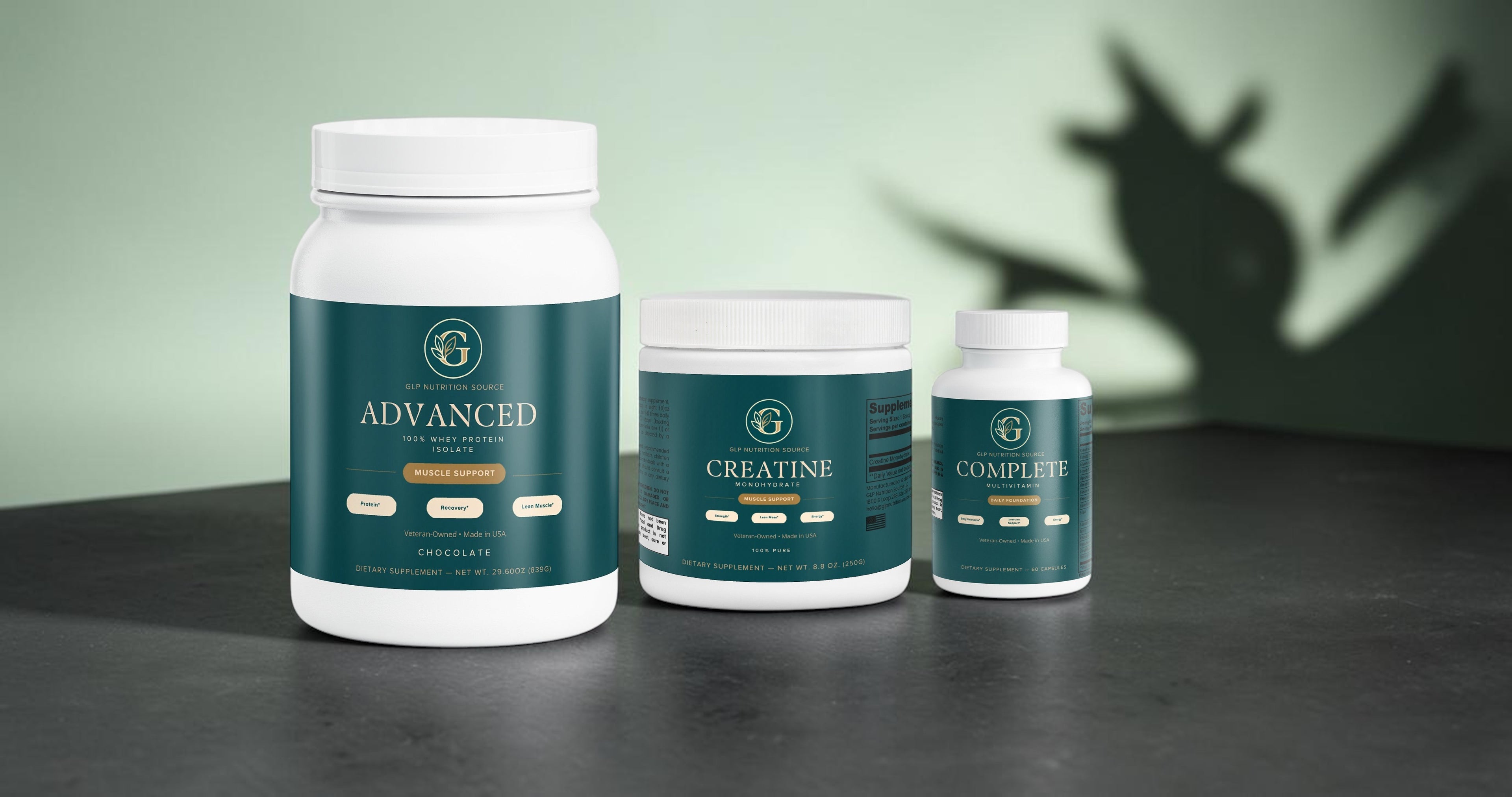 GLP Nutrition Source Muscle Preservation Stack with whey protein, creatine monohydrate, and multivitamin supplements.